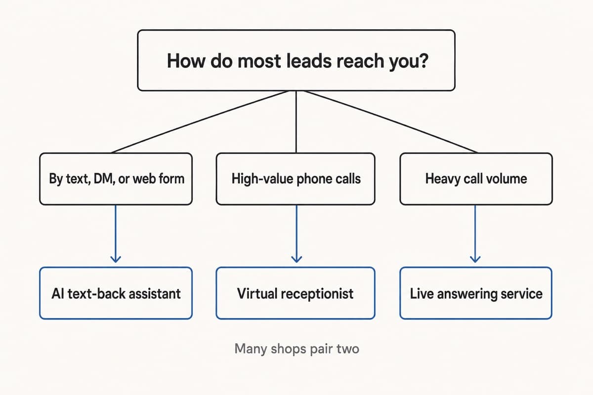 A decision-tree flowchart that routes a service business owner to a live answering service, a virtual receptionist, or an AI text-back assistant based on how their leads come in and their call volume.